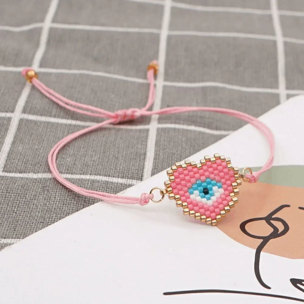 Miyuki Delica Pink Heart Shaped Evil Eye Seed Bead Bracelet